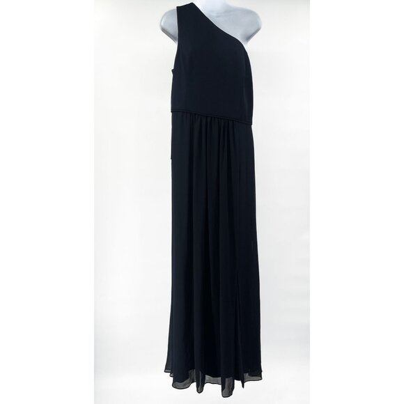 Adrianna Papell Chiffon One Shoulder Maxi Dress Gown Pleated Navy Blue 14 - Picture 4 of 14